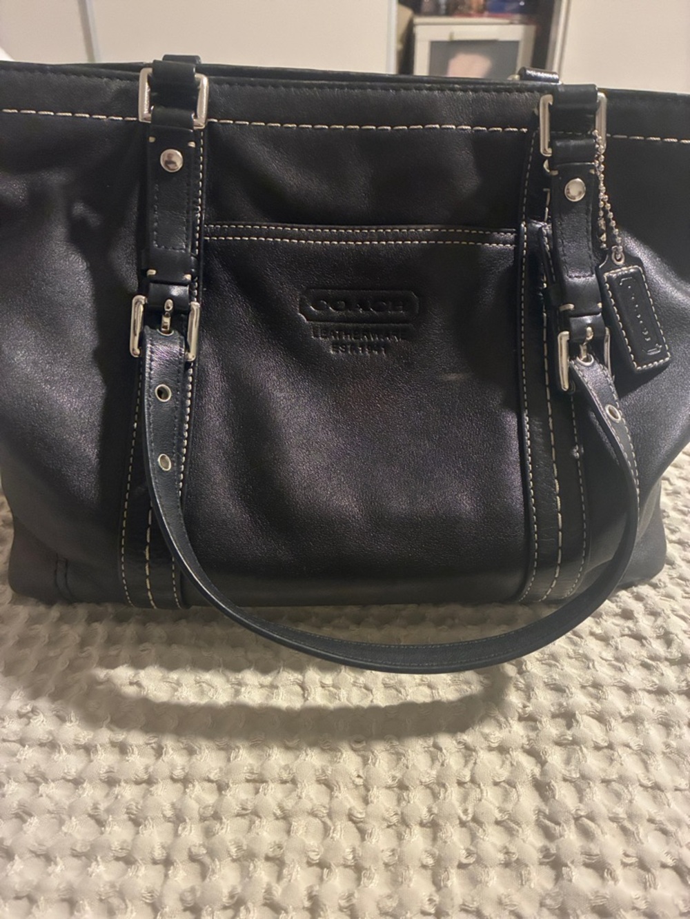 Coach Black Leather Tote with Contrast Stitching